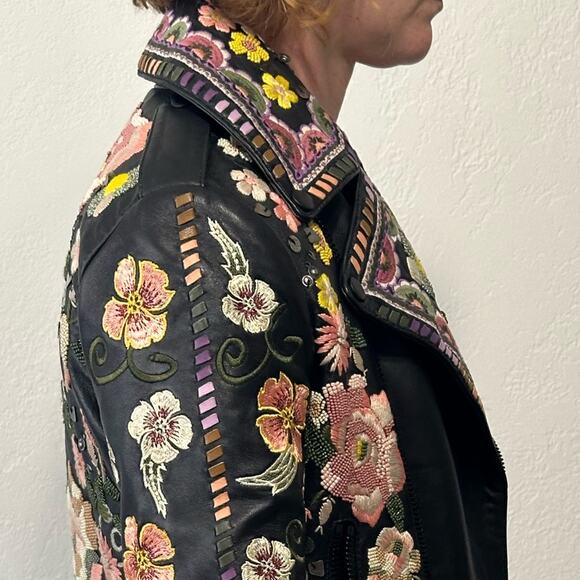 Alice + Olivia Cody Embroidered Leather Jacket size US XS Black Floral Moto - Picture 7 of 16